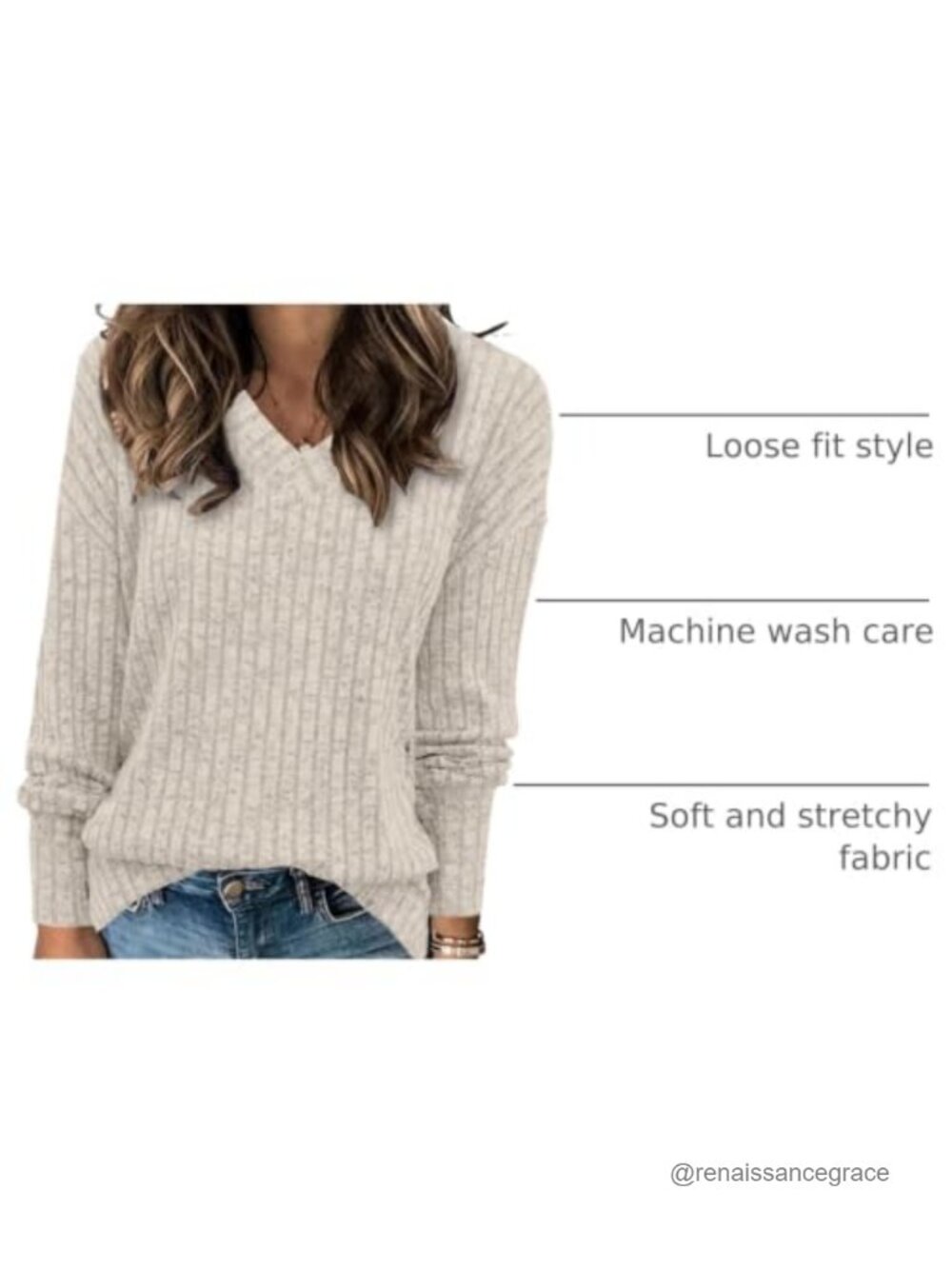 Womens V Neck Long Sleeve Tunic Sweater Loose Casual Pullover - Picture 3 of 6